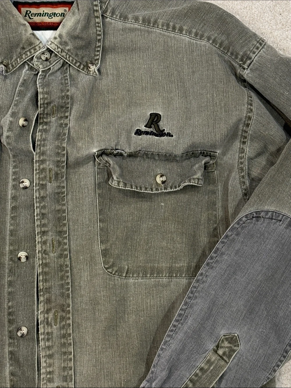 Remington Men's Olive Green Work Shirt Jacket with Contrast Elbow Patch